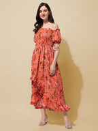 Oomph! Flared Dress For Women Stylish | Long One Piece For Women | Off Shoulder Puff Sleeve Long Dress | Floral Print Maxi One P