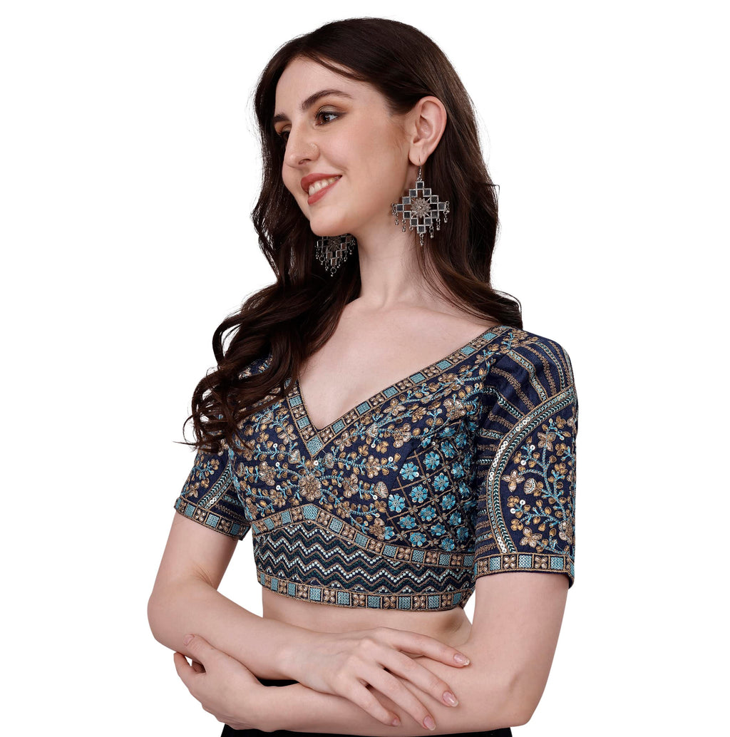 Pujia Mills Mills WomenS Fancy Readymade Heavy Coding Embroidary Worked Half Sleeve Multicolor Saree Blouse(Mushroom) (Navy Blu