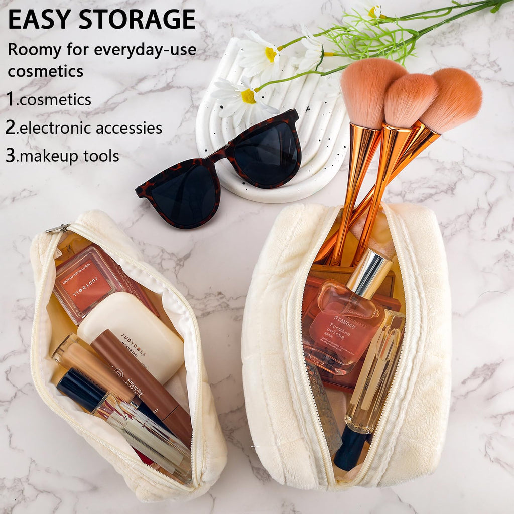 2Pcs Makeup Bag for Women Girls Pencil Pouch Travel Small Cosmetic Bag Set Cute Plush White Makeup Pouch Purse Pencil Case Penci