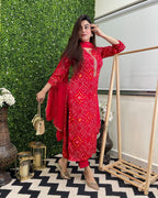 ANNI DESIGNER Women s Rayon Blend Printed Straight Kurta with Pants and Dupatta, Red, XL