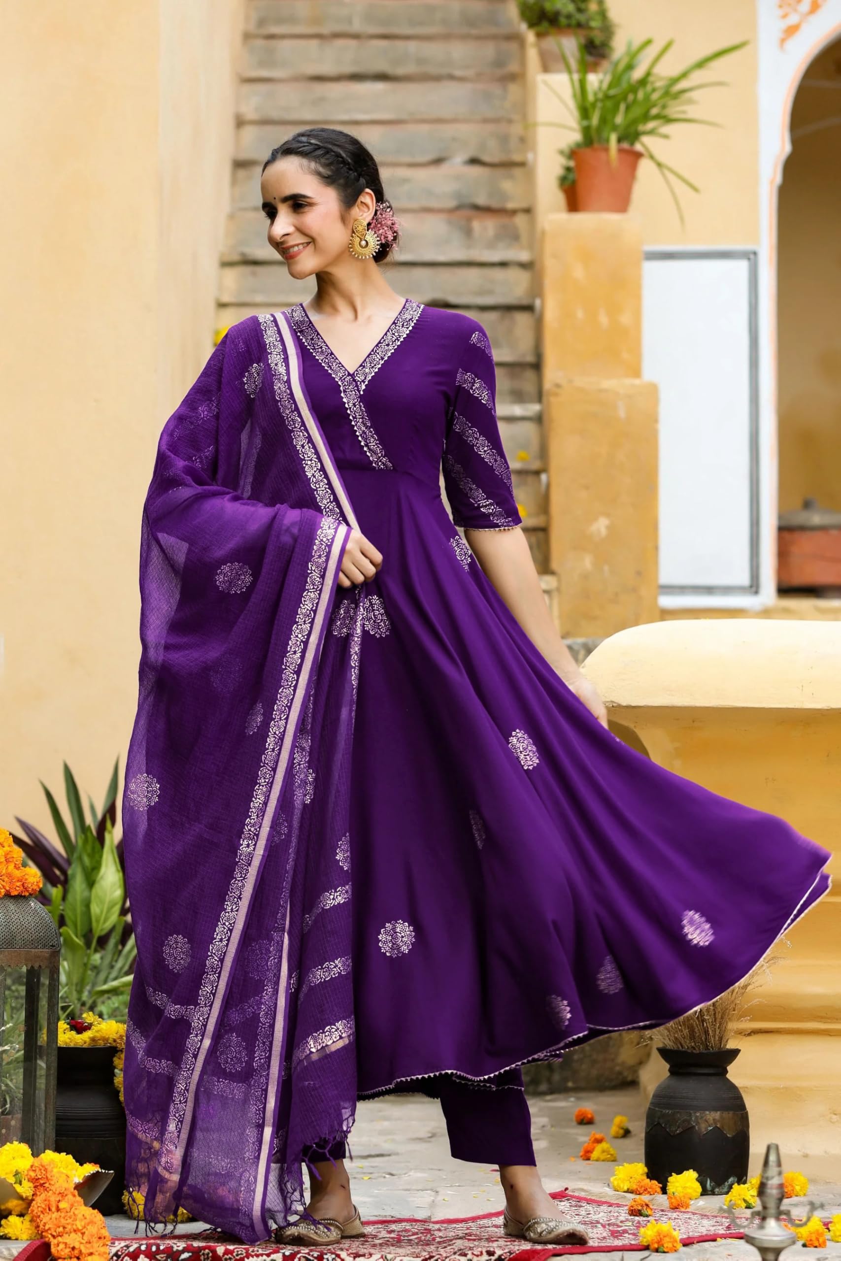 ANNI DESIGNER Anarkali Women s Rayon Blend Kurta with Trousers and Dupatta, Begani, Medium