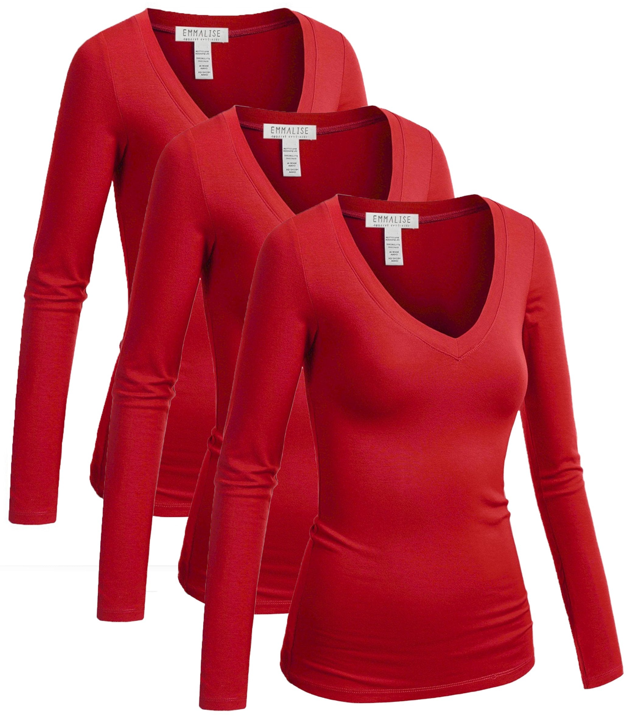 Emmalise Long Sleeve V Neck T Shirt Women-Junior sizes,3pk-red,red,red,Small