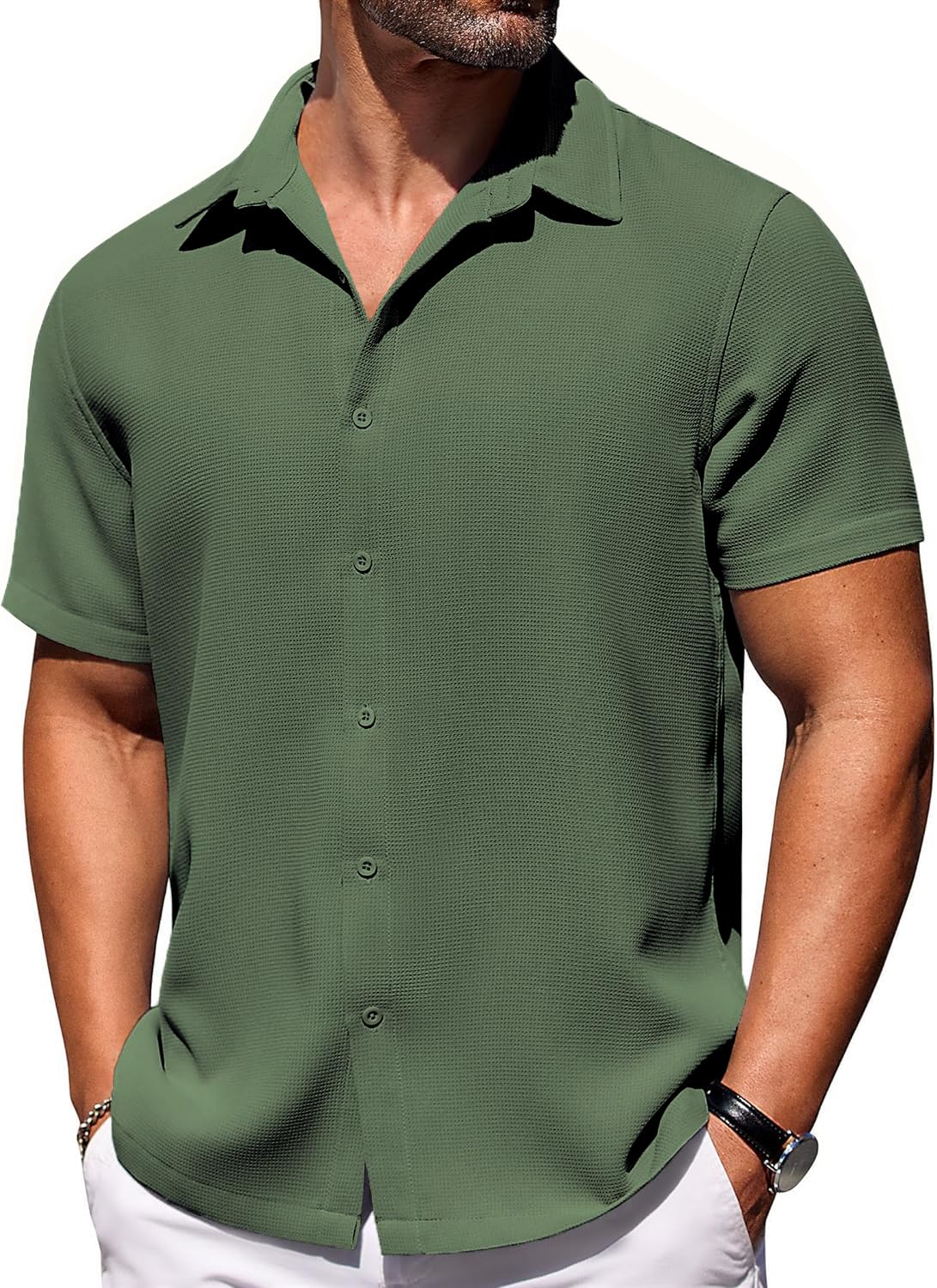 CB-COLEBROOK Mens Waffle Knit Shirt Short Sleeve Button Down Shirts Casual Beach Vacation Shirts Latest Textured Wrinkle Free Sh