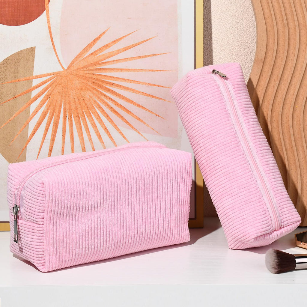 SOIDRAM Makeup Bag Corduroy Cosmetic Bag Cute Pink Makeup Pouch 1Pcs Large Capacity Makeup Bags and 1Pcs Makeup Brushes Storage