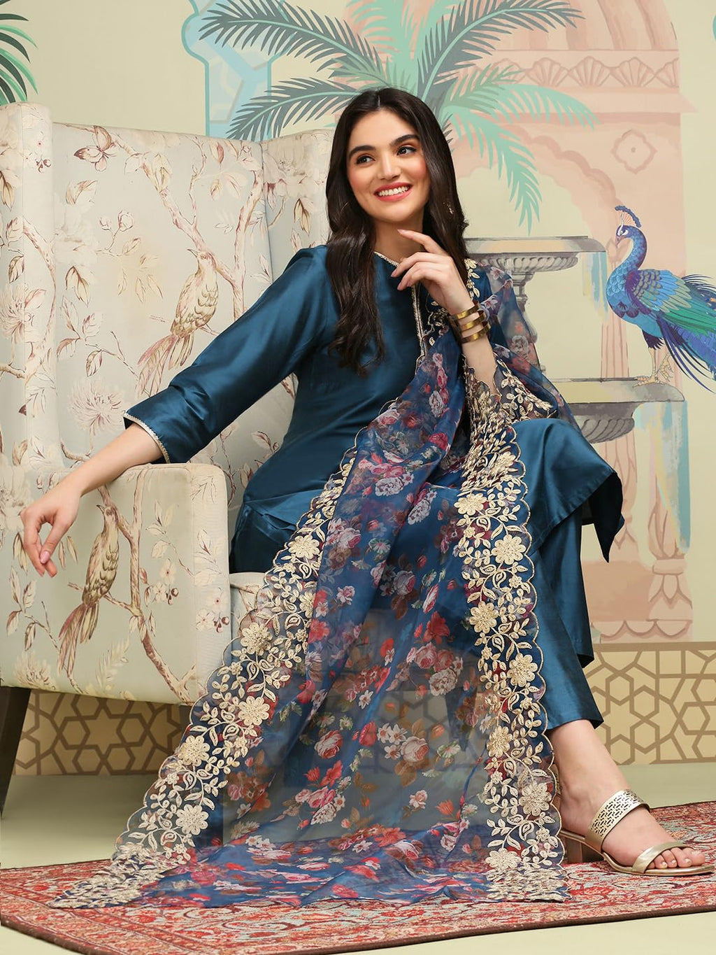 Ishin Notch Neck Thread Work Silk Crepe Straight Kurta With Trousers & Dupatta | Kurta Set For Women | Kurta With Trousers And D