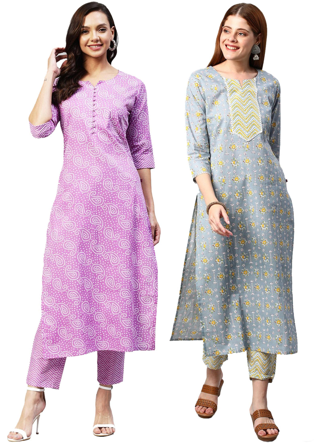 ANNI DESIGNER Women's Cotton Blend Printed Straight Kurta with Pant Pack of 2 (Combo-Wamurti-Mikaa_Multicolor_X-Large)