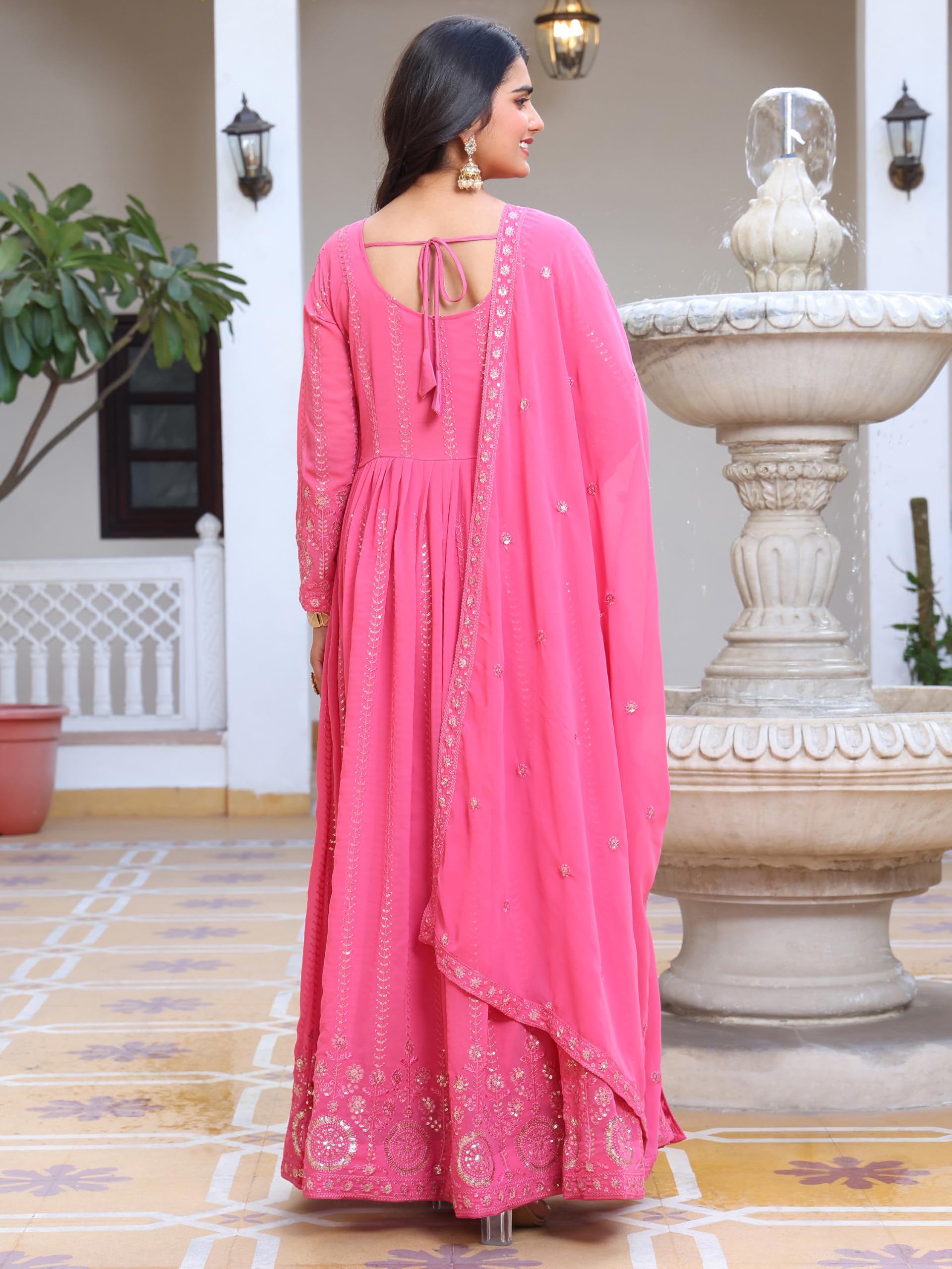 Fashion Basket Embroidered Anarkali Dress For Women Pink