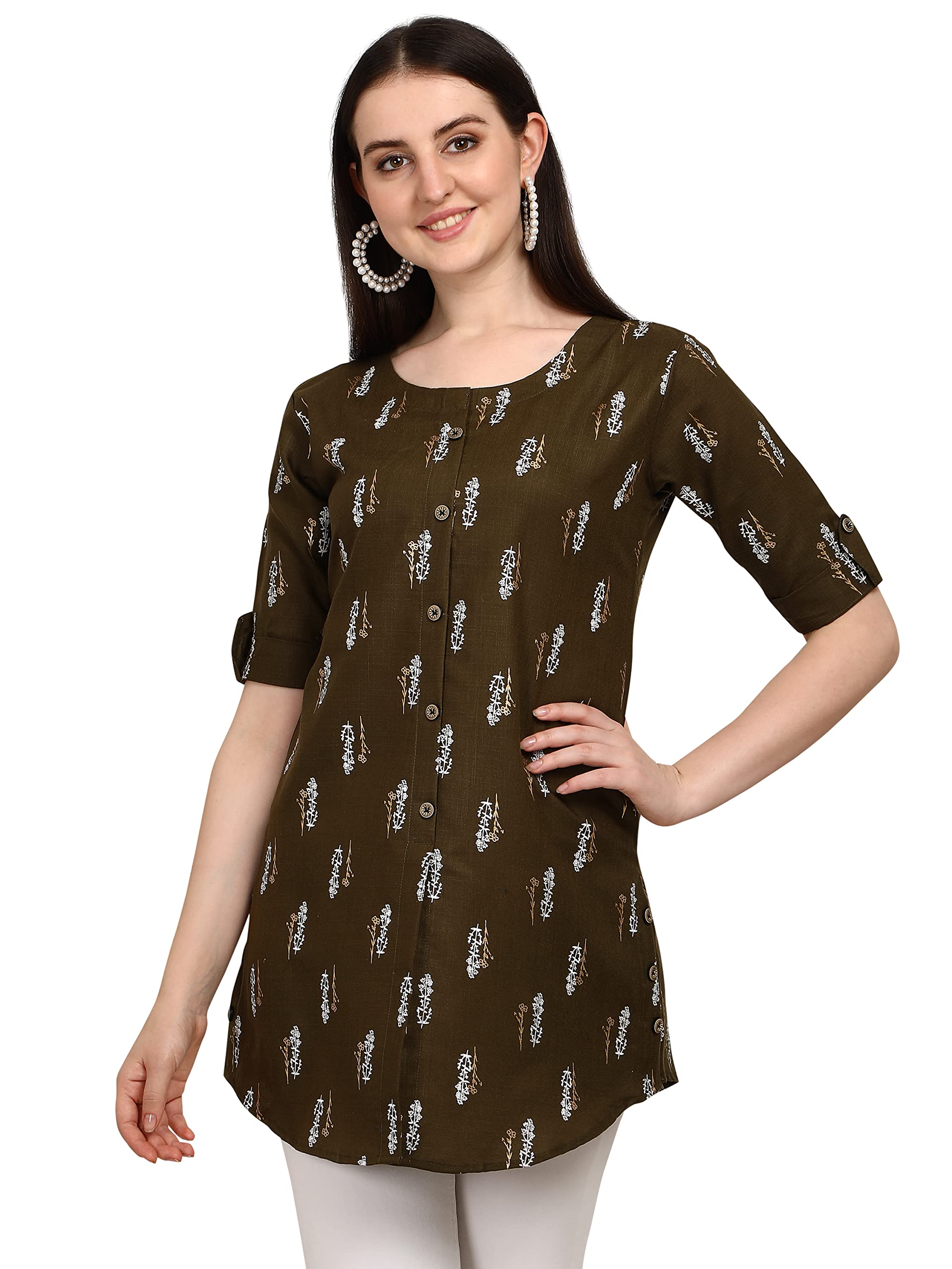 Leriya Fashion Rayon Fabric Printed Round Neck Short Kurtis For Women Top Dresses Kurti For Girls & Ladies Kurtis (Medium, Brown