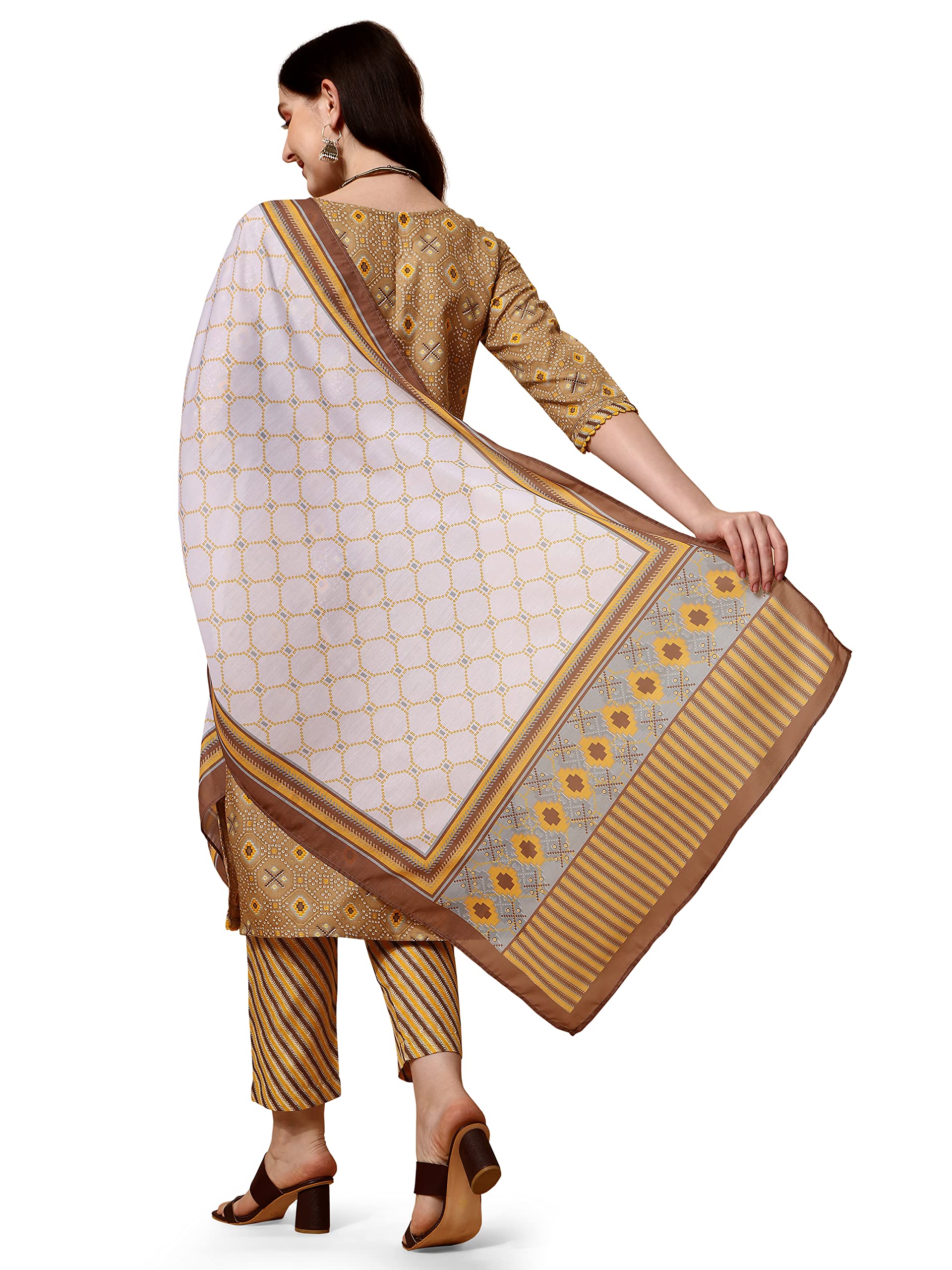 Nainvish Women'S Cotton Blend Straight Round Neck Printed Kurta Pant With Dupatta (Sd401_Kbd-L_Yellow)