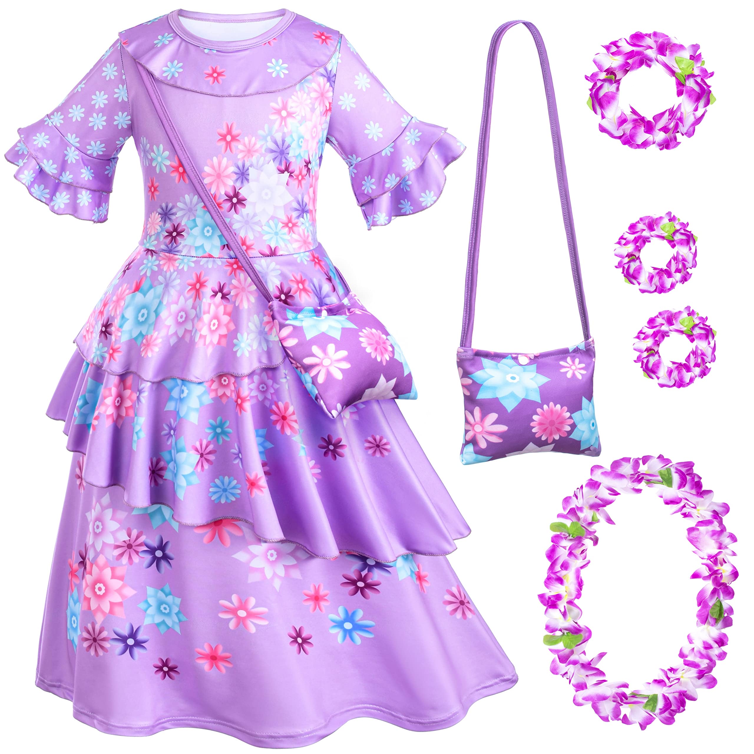 Kaisebile Princess Costume Dress for Girls Birthday Halloween Party Dress Up with Bag,Leis Necklace Headband 9-10 Years