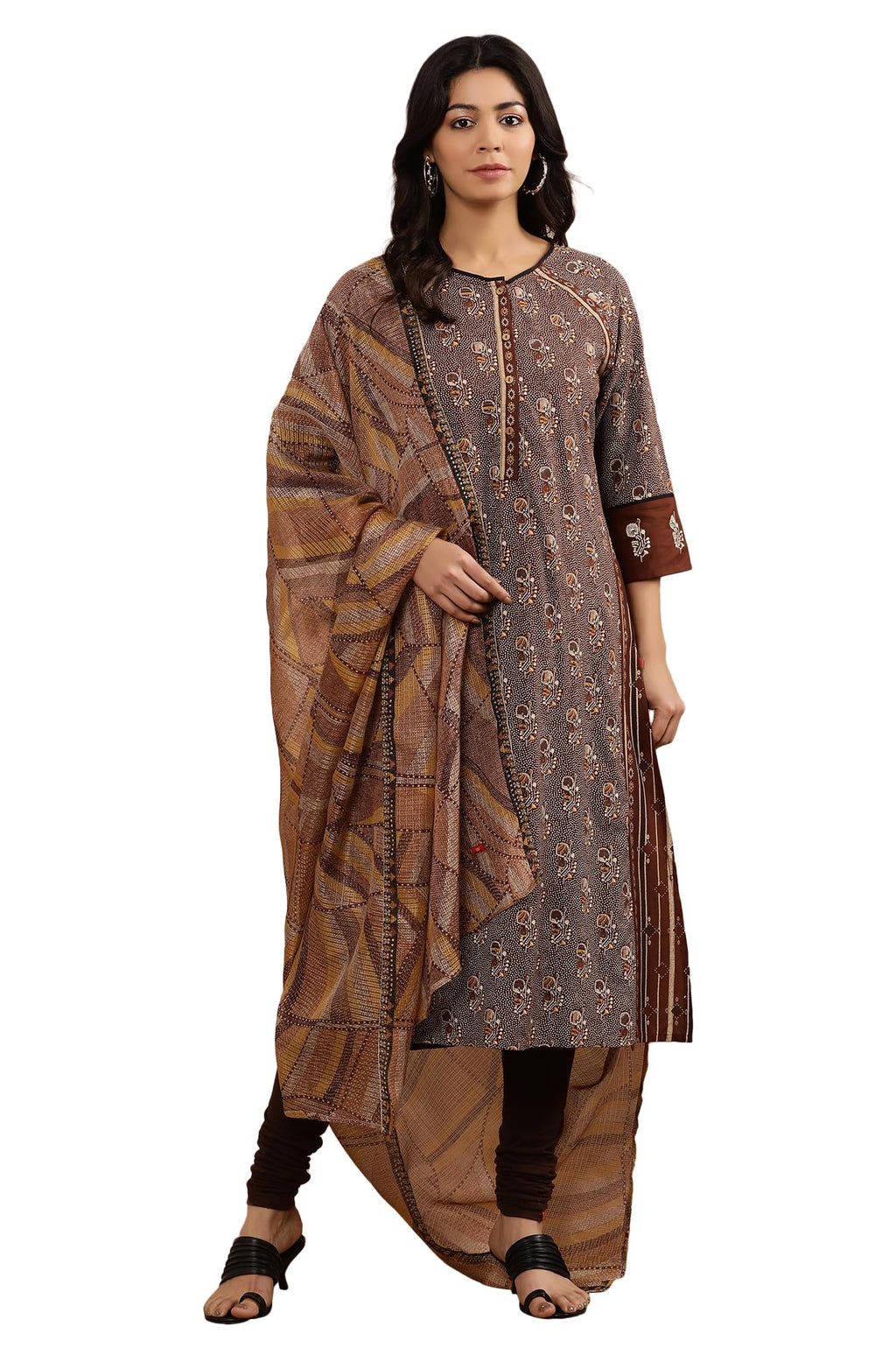W For Woman W Women Brown Printed Viscose A-Line Kurta Set With Churidar & Dupatta_24Onws18154-118745_M