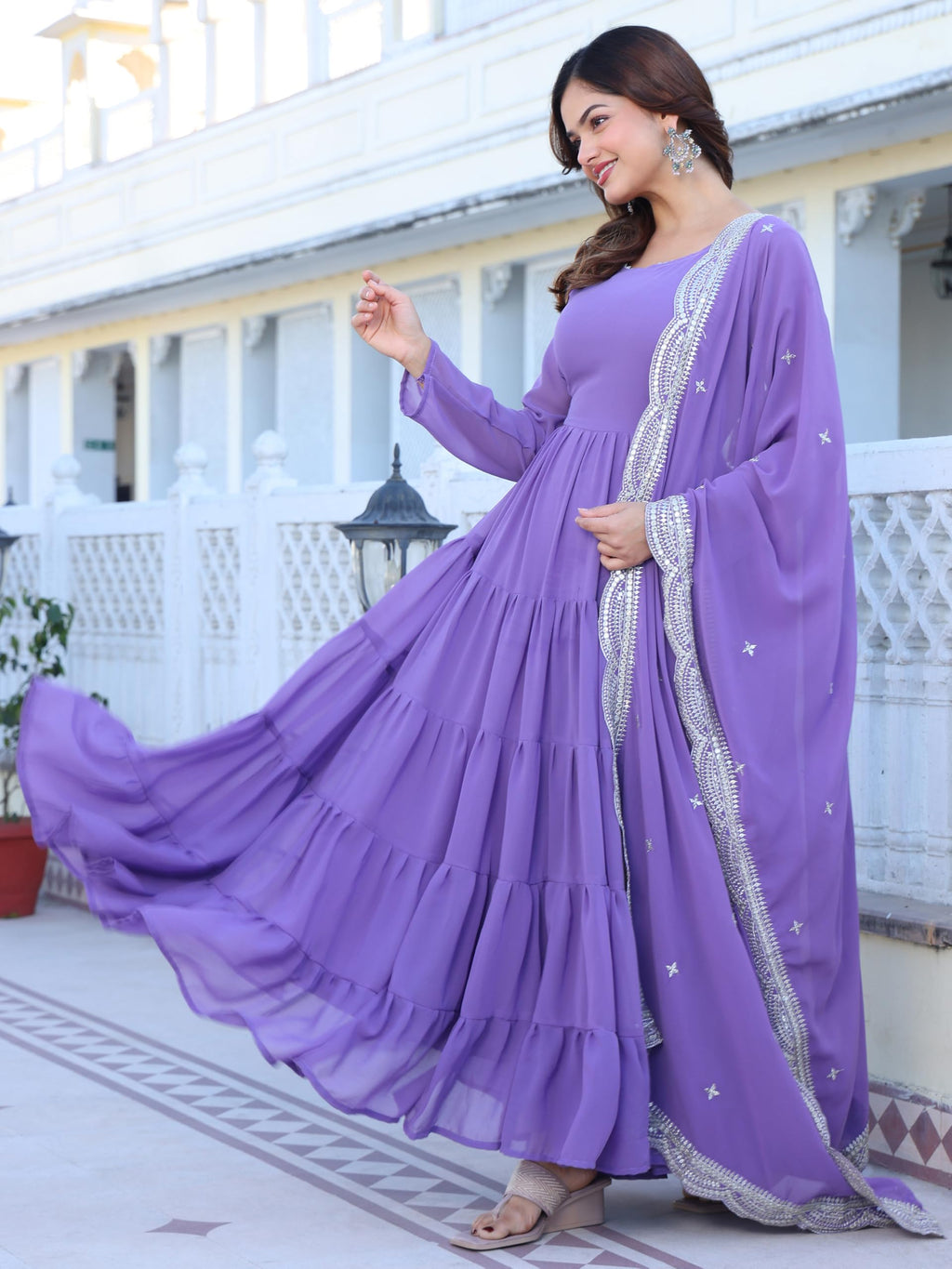 Fashion Basket Georgette Solid Anarkali Kurta Set For Women Lavender