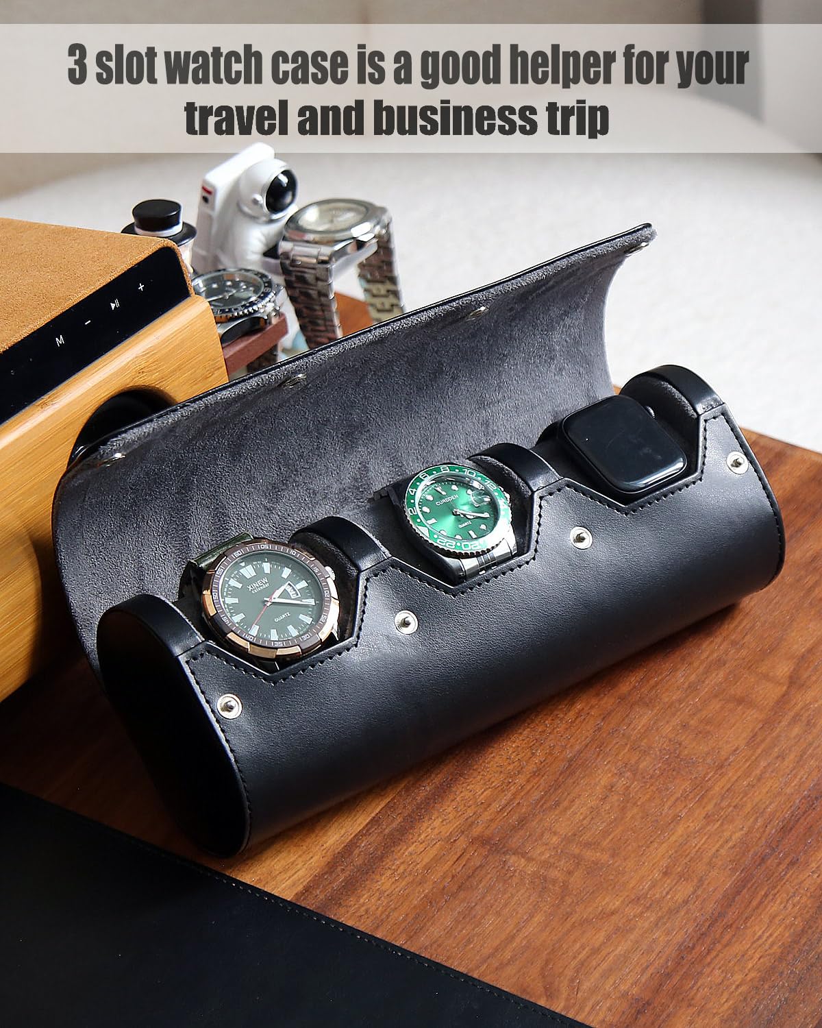 Besforu watch box organizer for mens watch case travel roll Portable 3 Watch Display Storage with Velvet Sections to Holder Larg