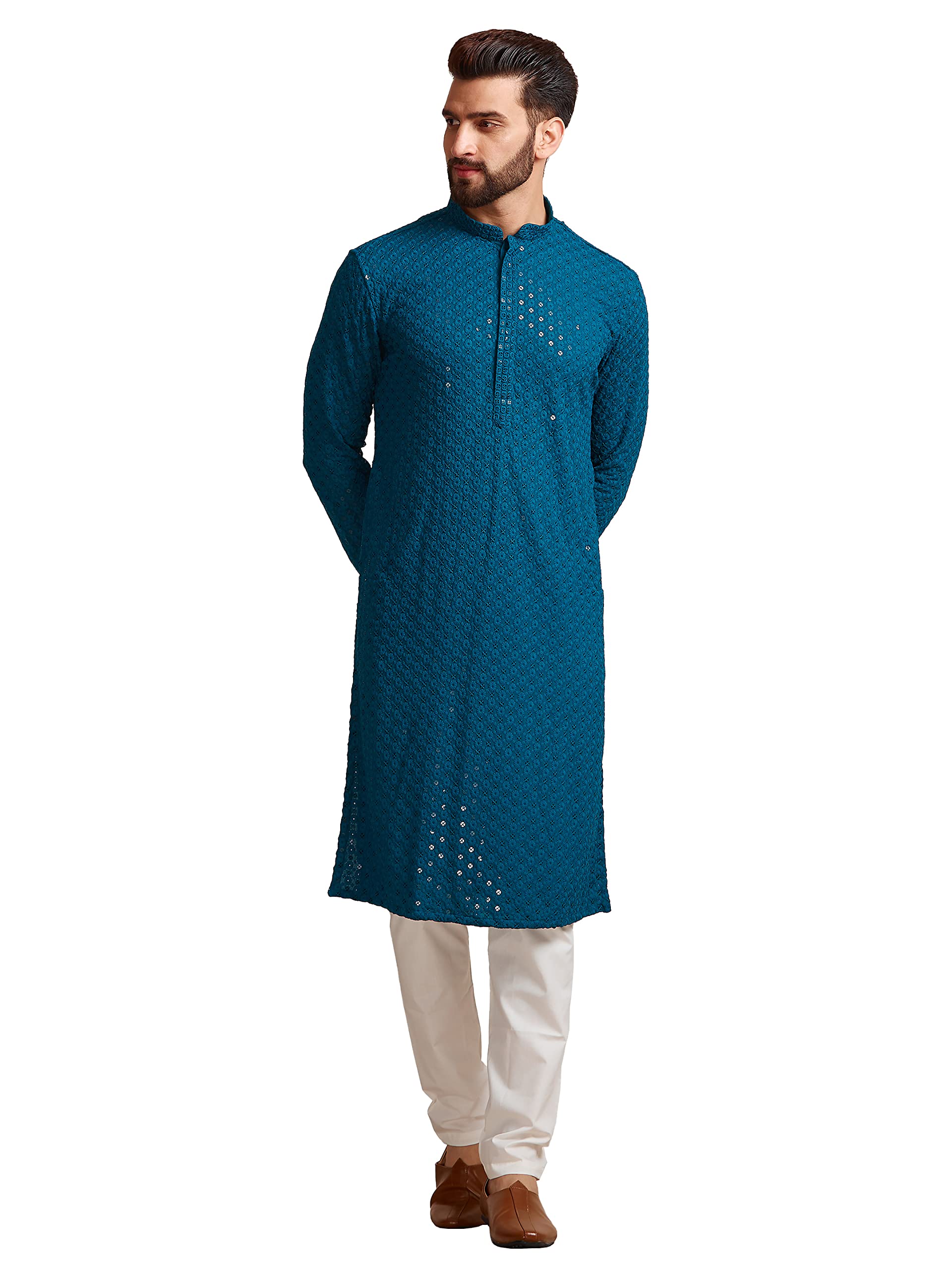 Manyavar Blue Viscose Full Sleeve Kurta Set | Traditional Kurta Set for Men (S)