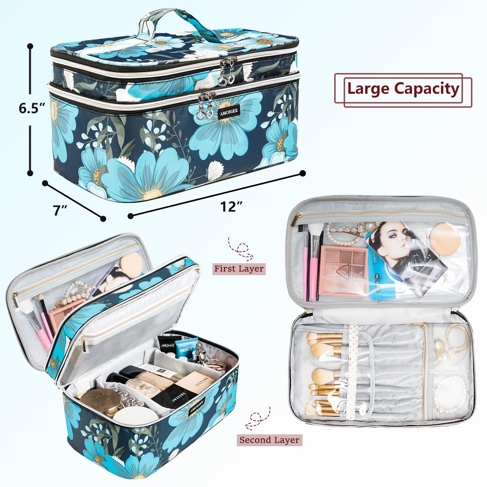 AMOIGEE Double Layer Makeup Train Case - Travel Bag Organizer for Makeup Brushes, Bottles, Palettes, Sponges and Cosmetics
