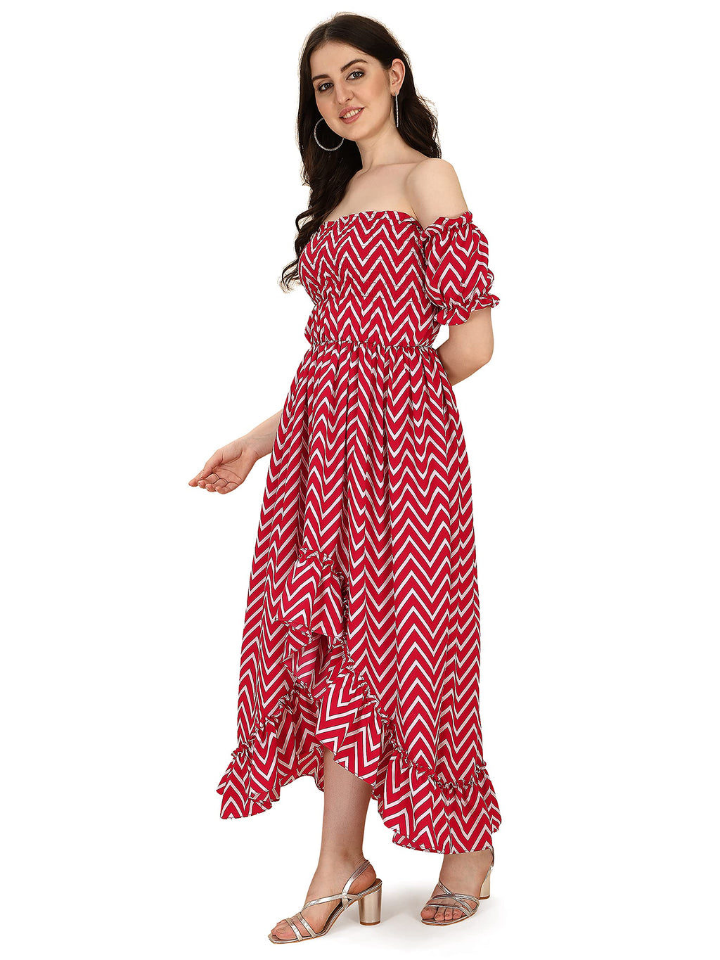 Oomph! Flared Dress For Women Stylish | Long One Piece For Women | Off Shoulder Puff Sleeve Long Dress | Floral Print Maxi One P