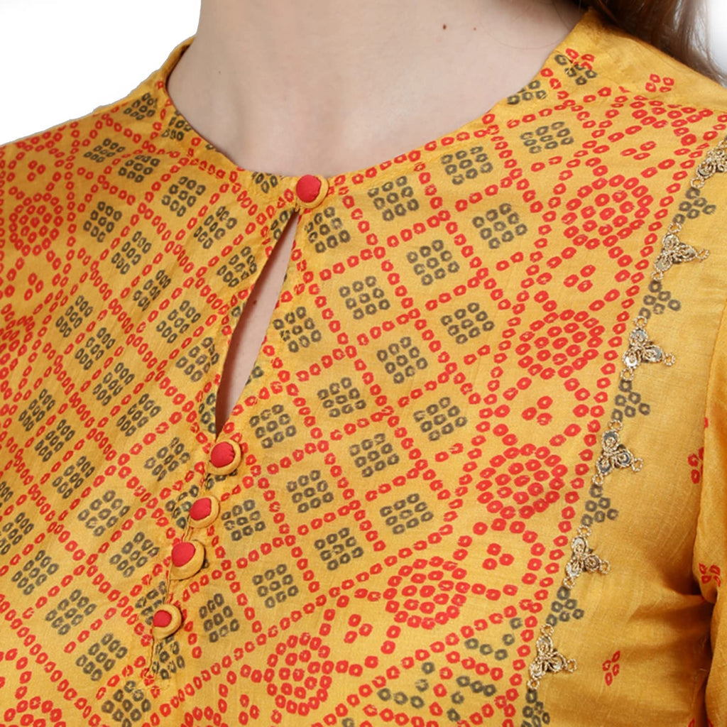 Ishin Women'S Pure Silk Embroidered Zari Mustard Bandhani Print Straight Kurta Suit Set With Dupatta & Trouser