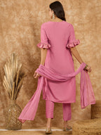Ziyaa Art Silk Women'S Pink Chinon Kurta,Pant Set With Dupatta