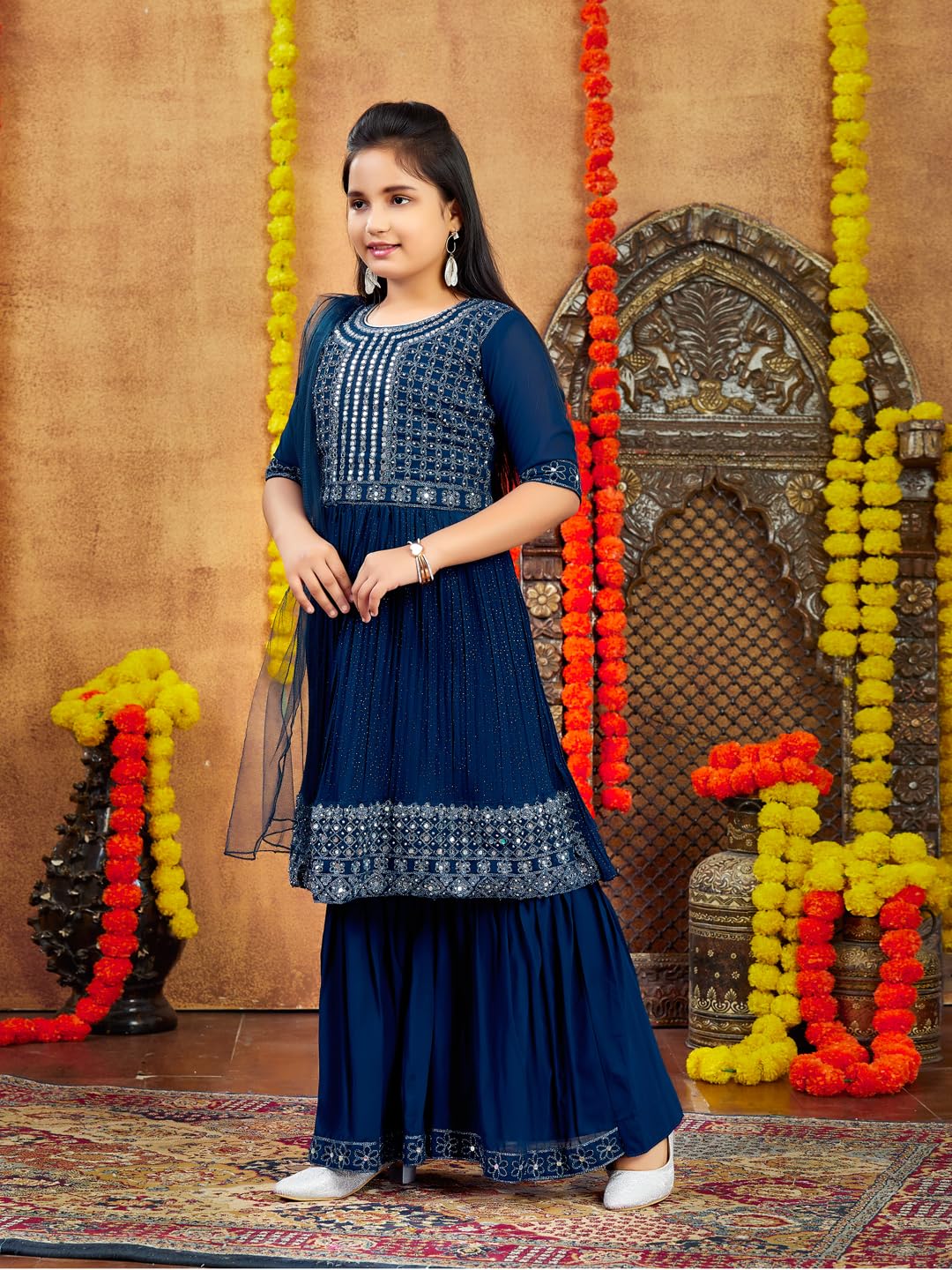 Aarika Girls Ethnic Wea Teal Blue Colour Mirror Embroidery Georgette Kurti Sharara Set (5-16 Years)