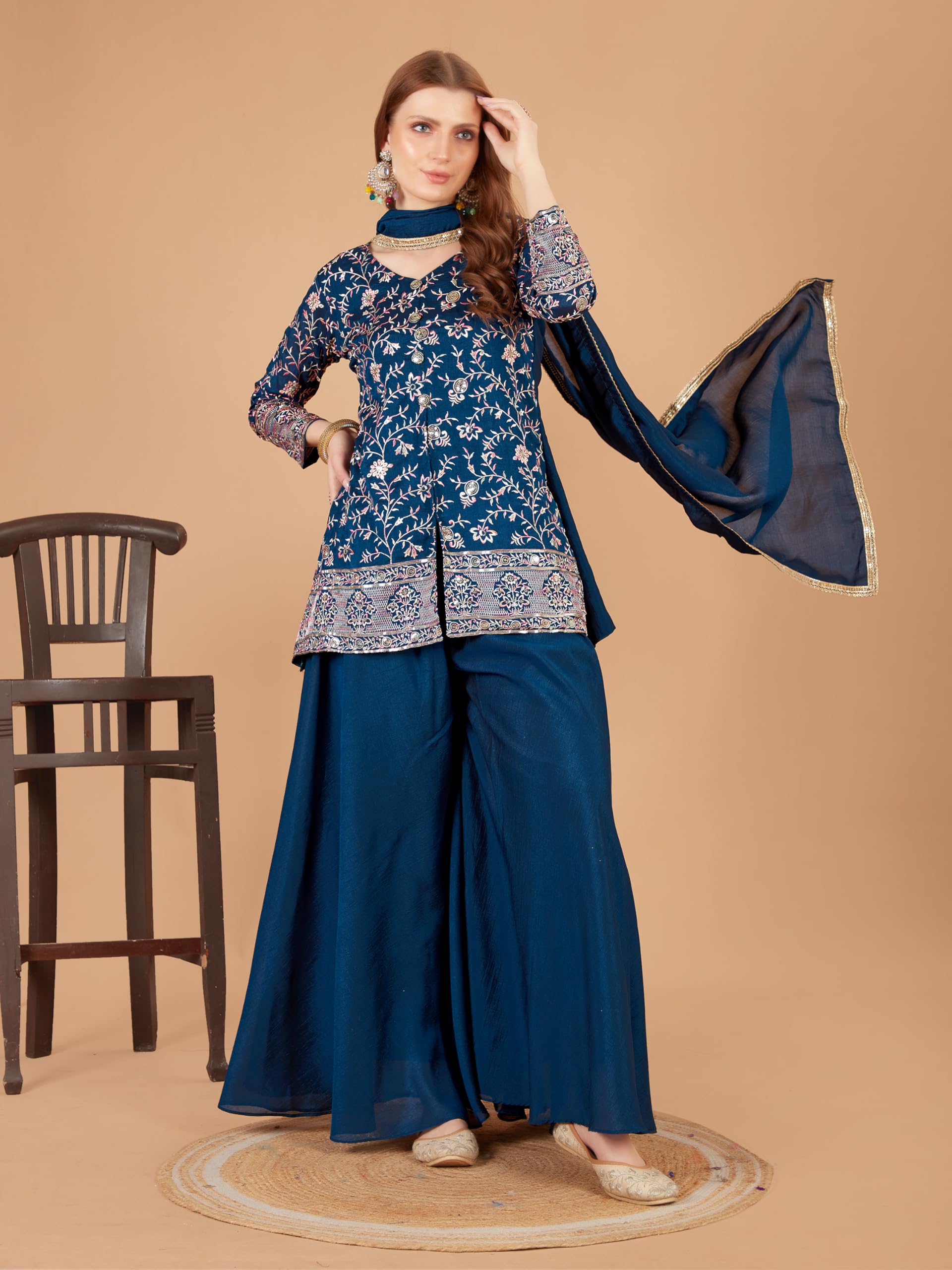 Xomantic Fashion Womens Beautiful Silk Short Kurta Palazzo In Blue With Embroidery And Sequins Work With Show Buttons (In, Alpha