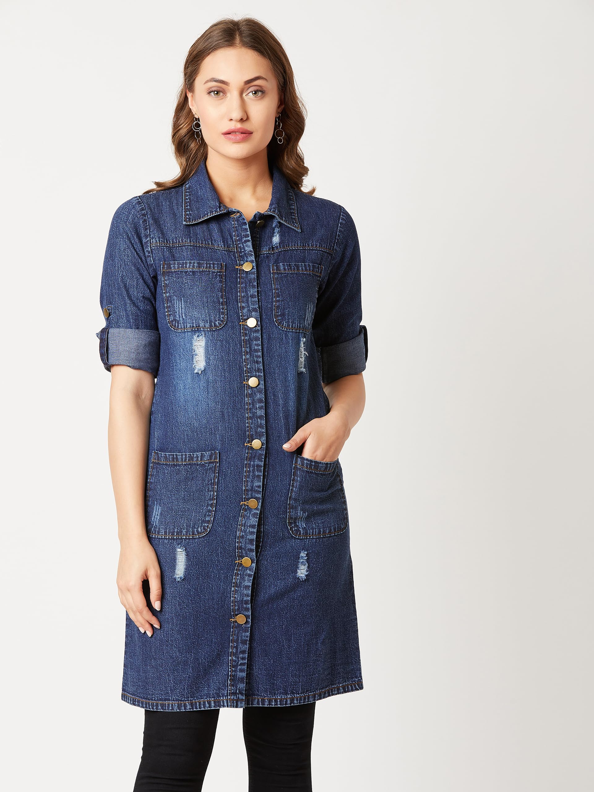 Miss Chase WomenS Solid Collared Full Sleeves Patch Pocket Denim Knee-Length Jacket
