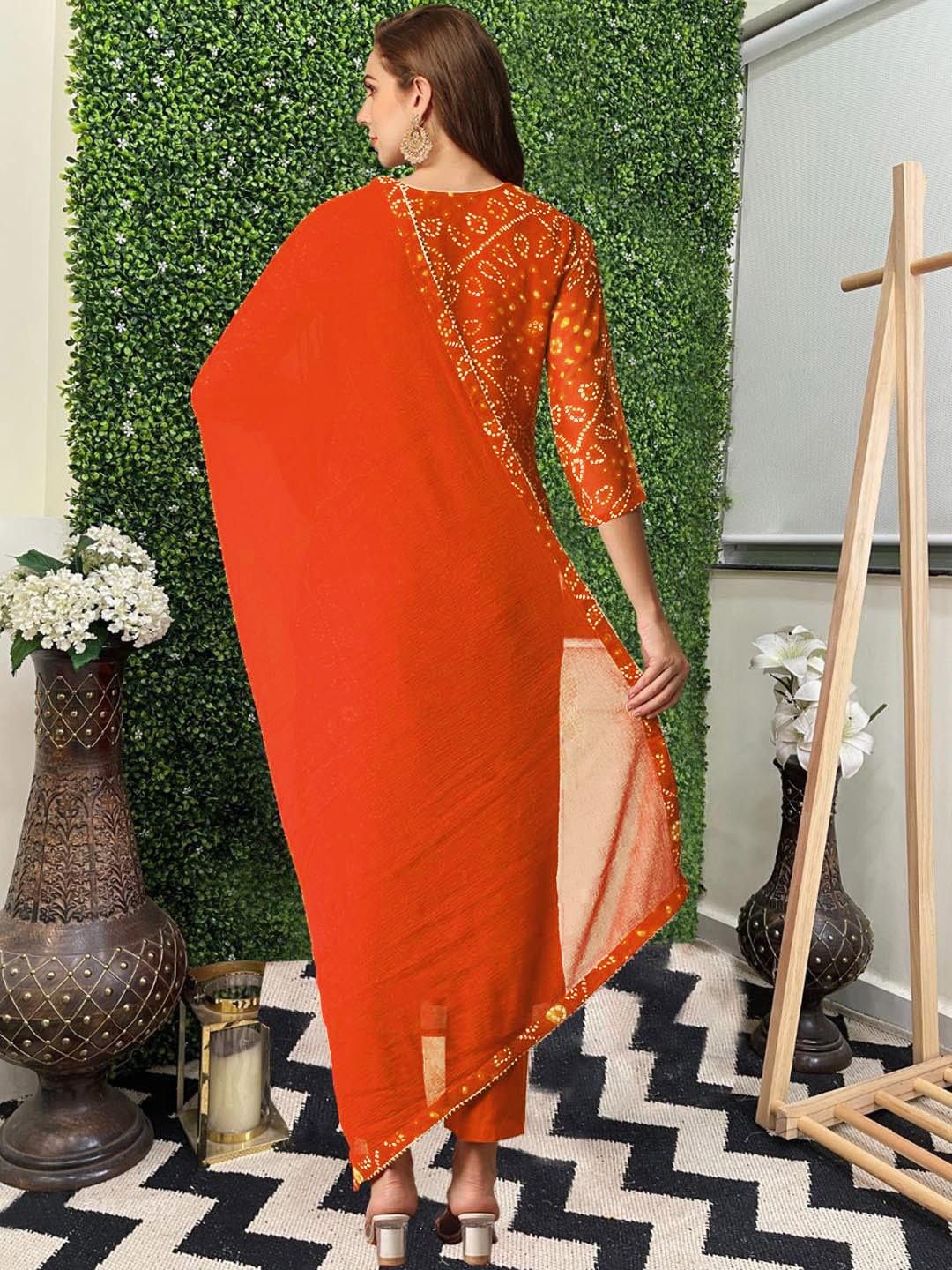 ANNI DESIGNER Womens Rayon Blend Straight Bandhej Printed Kurta with Pant & Dupatta (Turae Orange_S_Orange_Small)