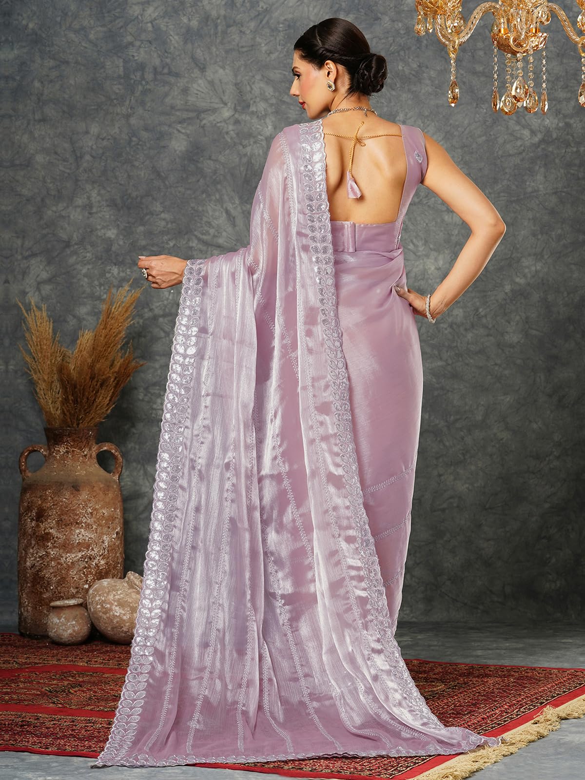 Satrani Womens Tissue Silk Sequence Embroidery Scalloped Border Saree with Unstitched Blouse Piece