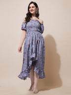 Oomph! Flared Dress For Women Stylish | Long One Piece For Women | Off Shoulder Puff Sleeve Long Dress | Floral Print Maxi One P