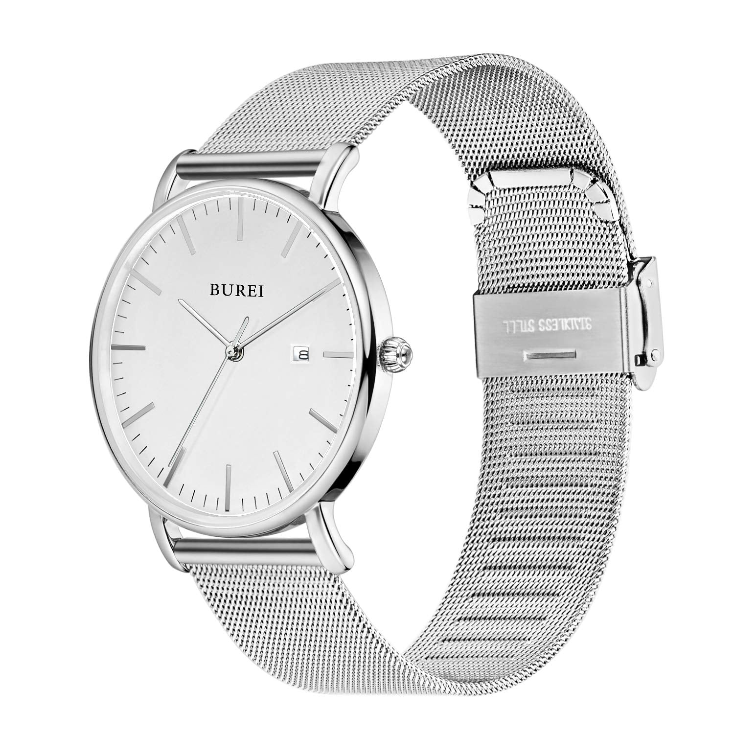 BUREI Men Watches Fashion Minimalist Waterproof Watches for Men Women Student,Silver.