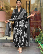 ANNI DESIGNER Women s Anarkali Viscose Kurta with Trousers and Dupatta, Black, 2XL