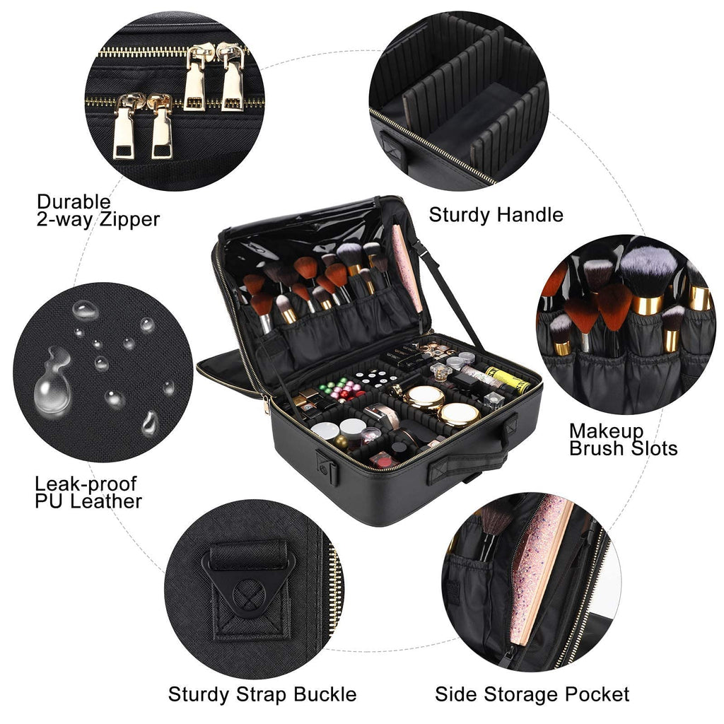 Oewoer Travel Makeup Train Case PU Leather Professional Makeup Case 16 with Adjustable Strap Portable Cosmetic Organizer Artist