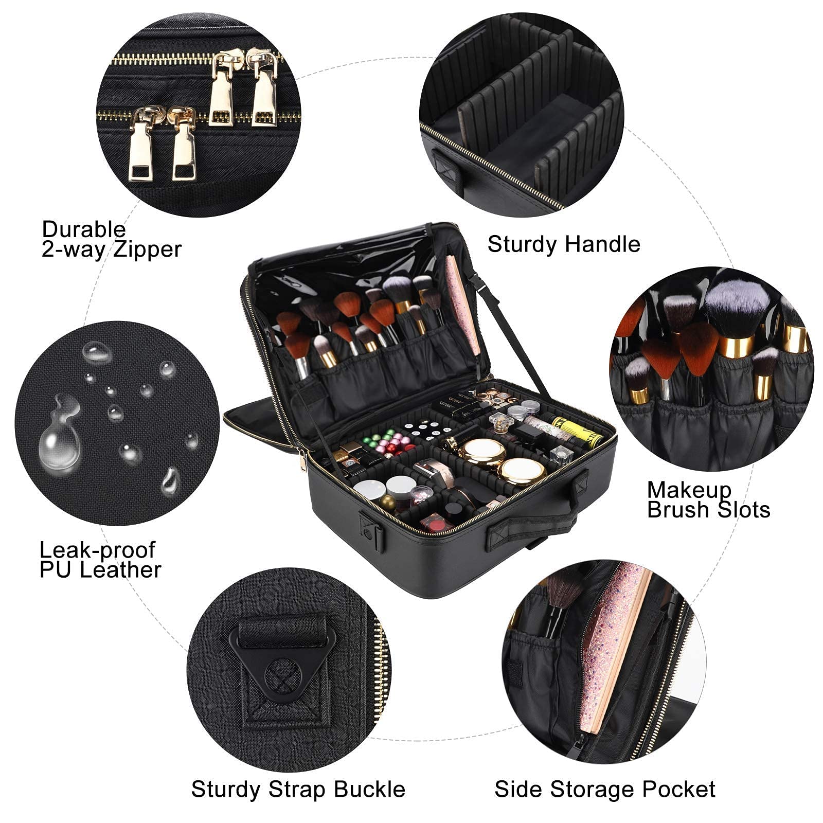 Oewoer Travel Makeup Train Case PU Leather Professional Makeup Case 16 with Adjustable Strap Portable Cosmetic Organizer Artist