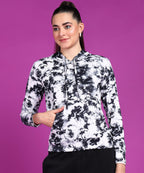 POPWINGS Women Casual Black & White Tie & Dye Printed Pocket Hooded Sweatshirt