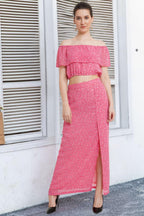POPWINGS Casual Floral Printed Off-Shoulder Crop Top and Long Slit Skirt Co-Ord Set for Women || Co-Ords Set for Women Stylish W
