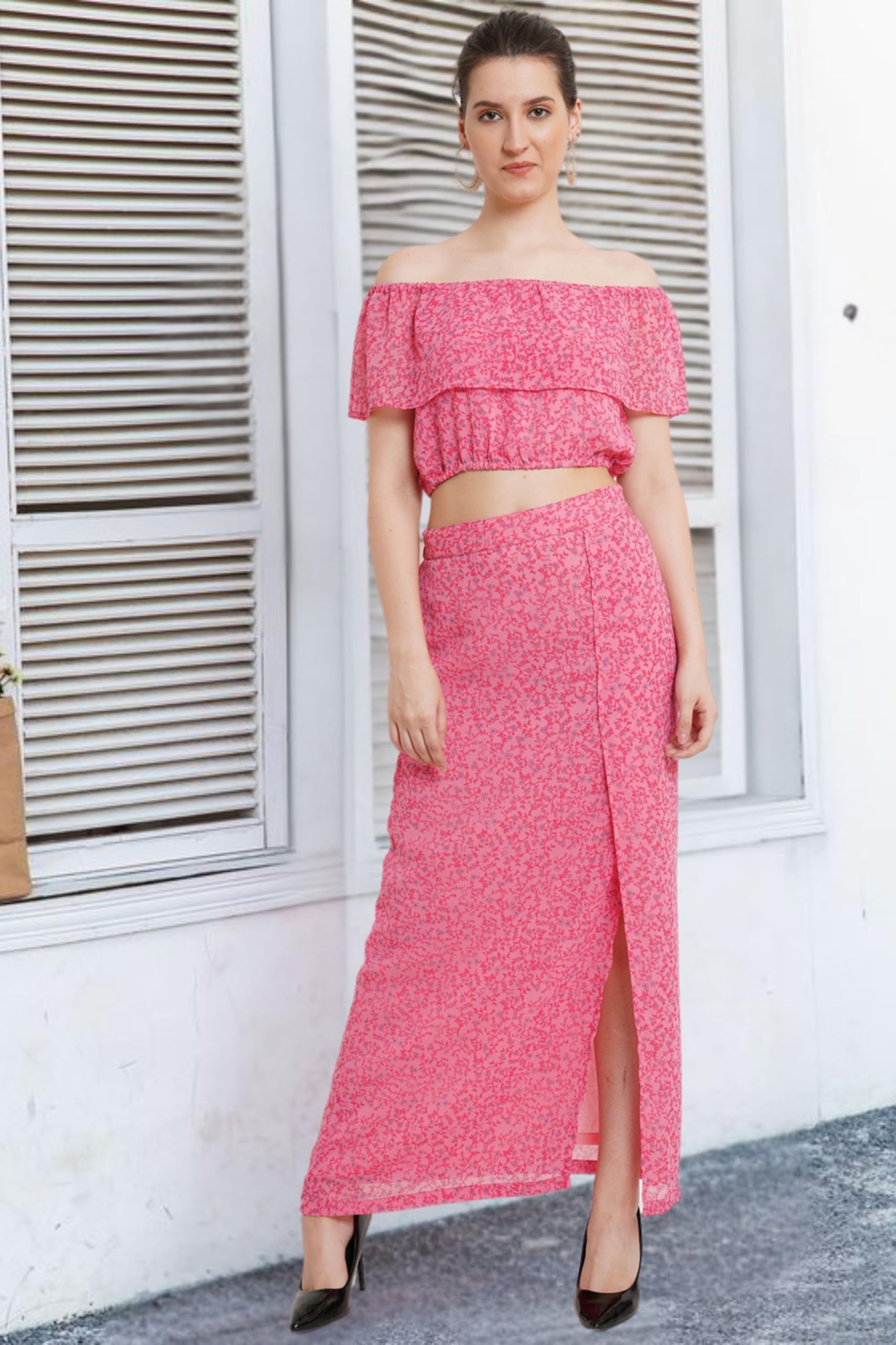 POPWINGS Casual Floral Printed Off-Shoulder Crop Top and Long Slit Skirt Co-Ord Set for Women || Co-Ords Set for Women Stylish W