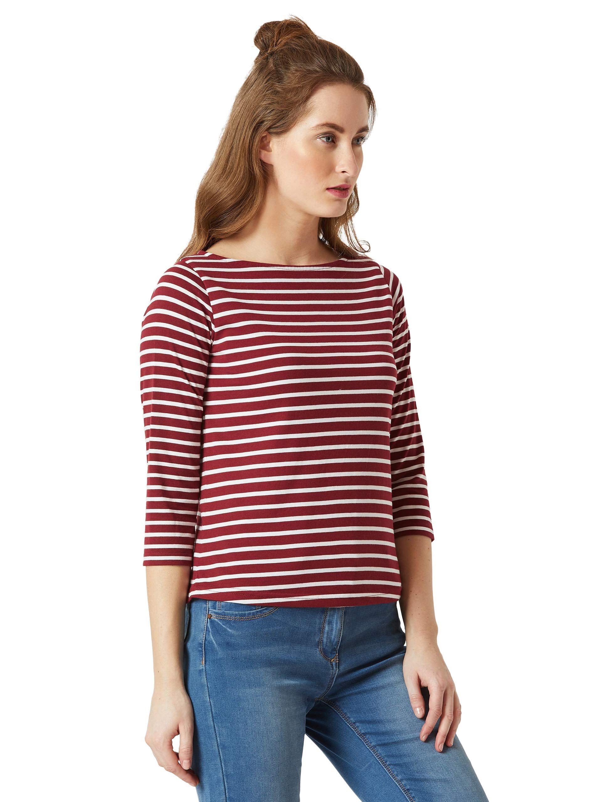Miss Chase Womens Maroon & White Boat Neck 3/4th Sleeves Regular Basic Cotton Striped Top