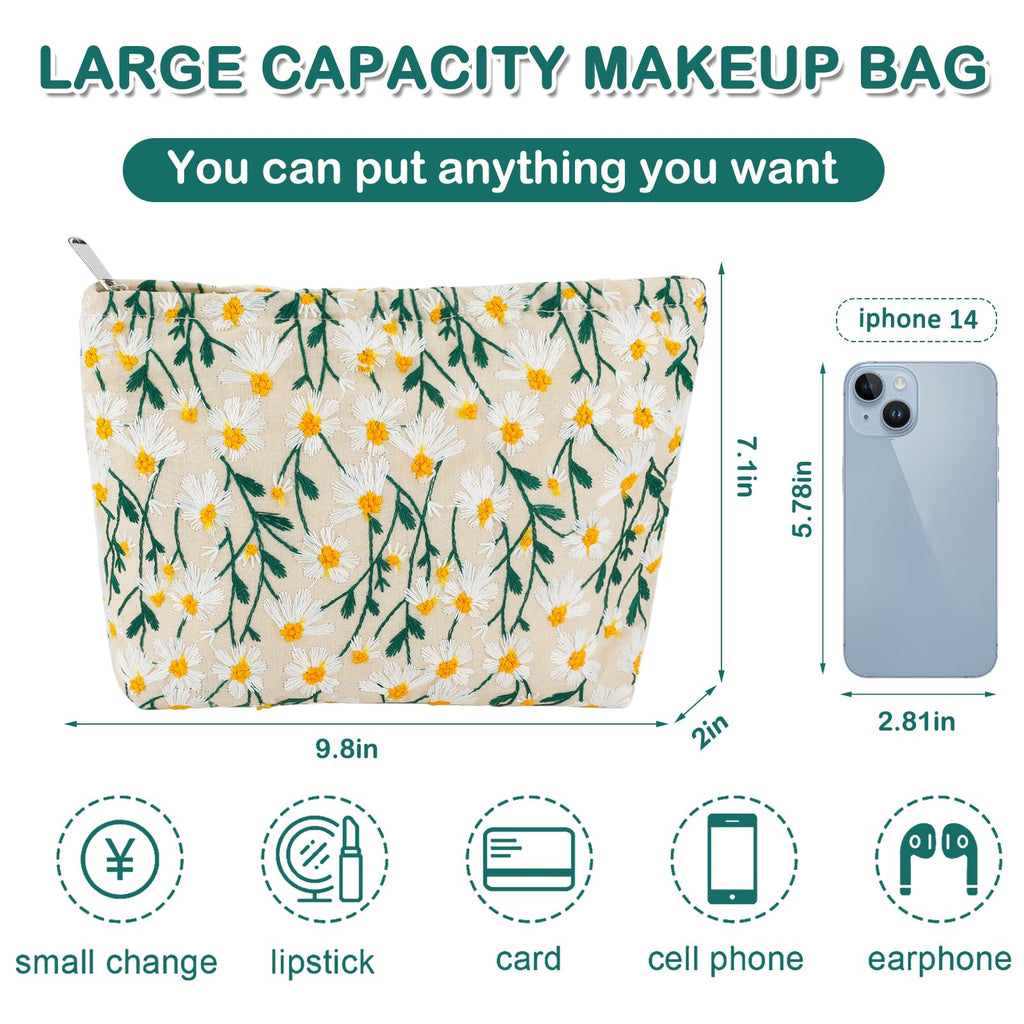 ZLFSRQ Daisy Flower Makeup Bag Travel Cute Floral Cosmetic Bag for Women Girls Small Embroidery Makeup Zipper Portable Storage T