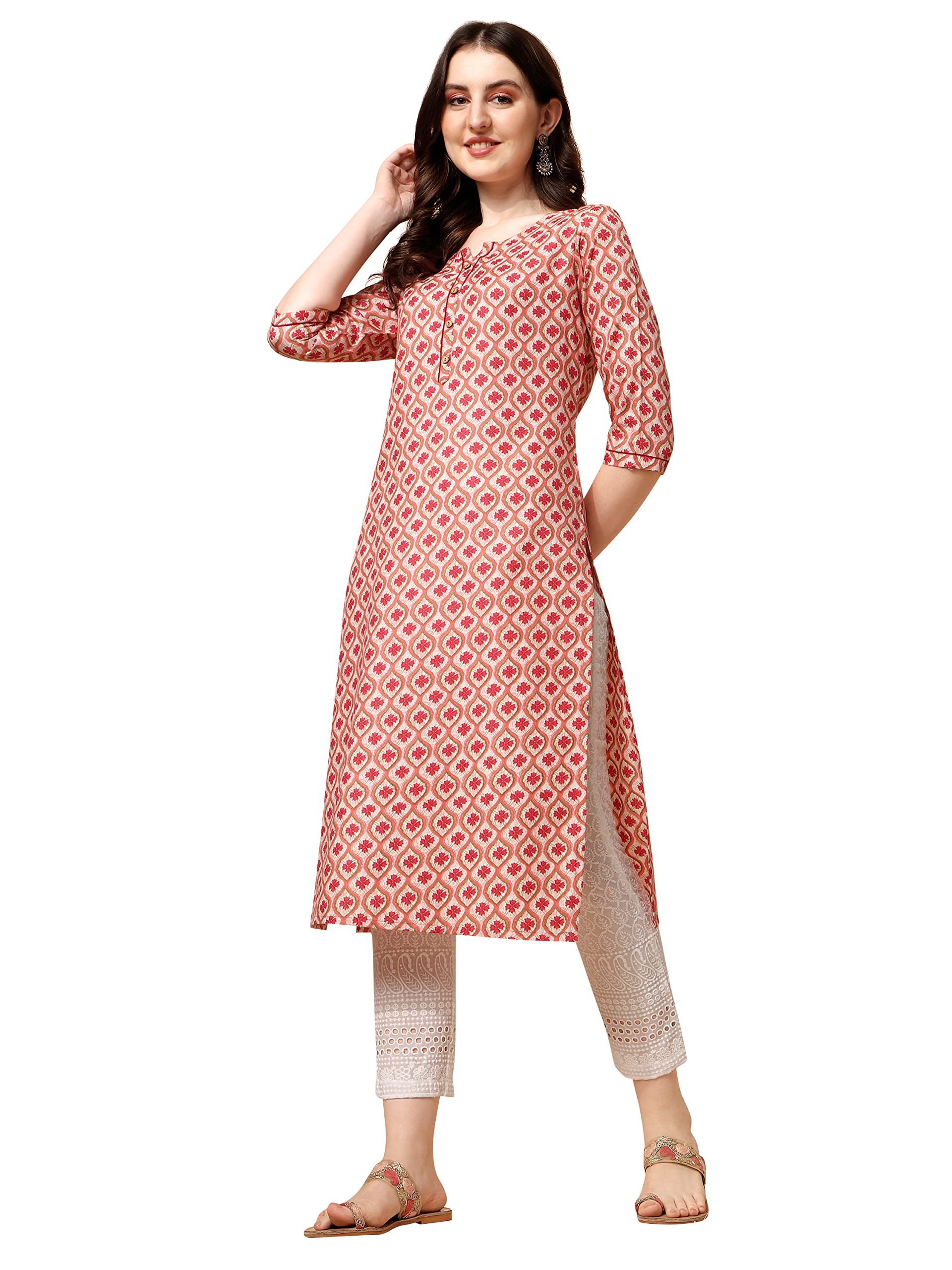 NAINVISH Womens Cotton Blend Straight V-Neck Printed Kurta (SD422_K-XL_Red)