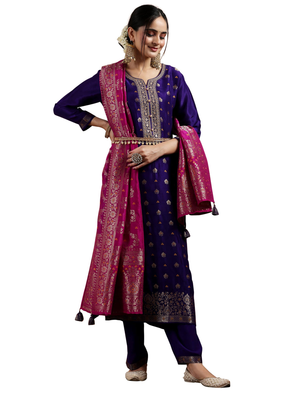 Libas Womens Woven Design Silk Blend Straight Kurta With Palazzos And Dupatta