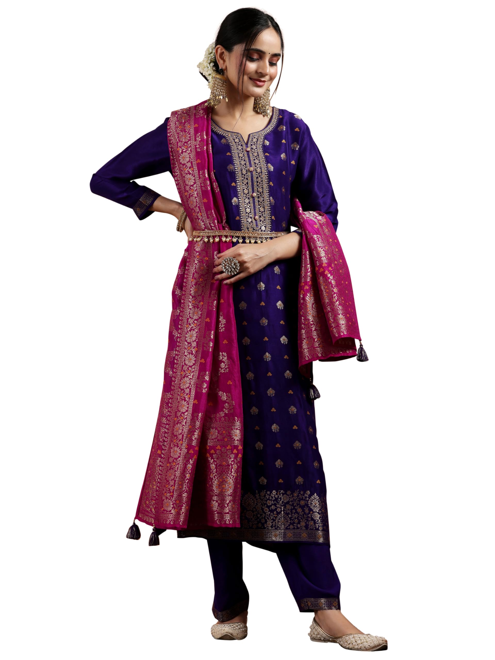 Libas Womens Woven Design Silk Blend Straight Kurta With Palazzos And Dupatta