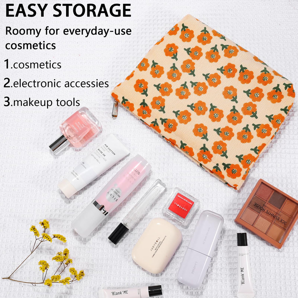 ZLFSRQ 2Pcs Daisy Flower Makeup Bag Travel Cute Cosmetic Bags for Women Large Floral Makeup Pouch Zipper Cosmetic Pouch Set for