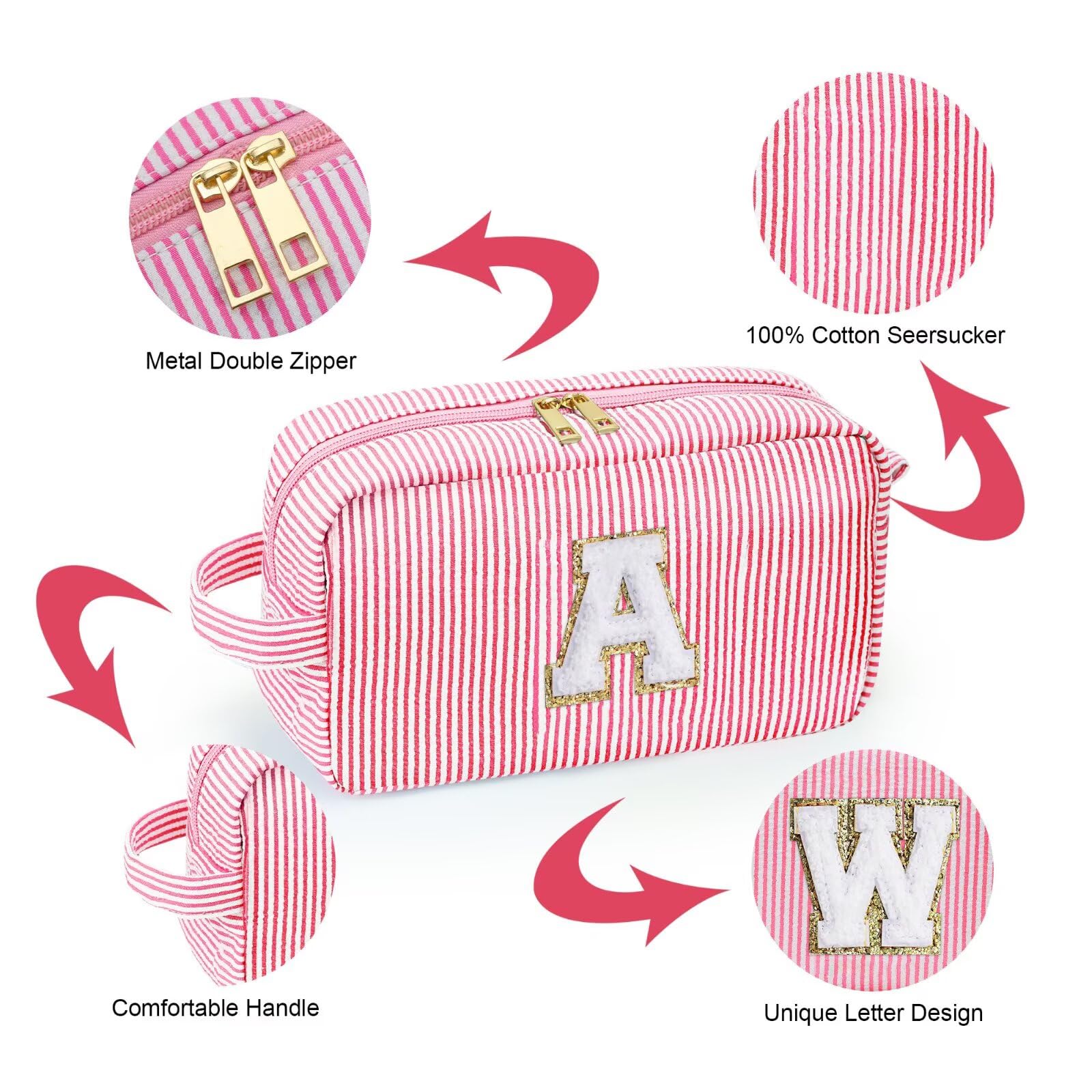 YOOLIFE Initial Makeup Bag for Women - Monogram Cute Large Pink Makeup Bags Cosmetic Toiletry Pouch Make Up Case for Women Her B