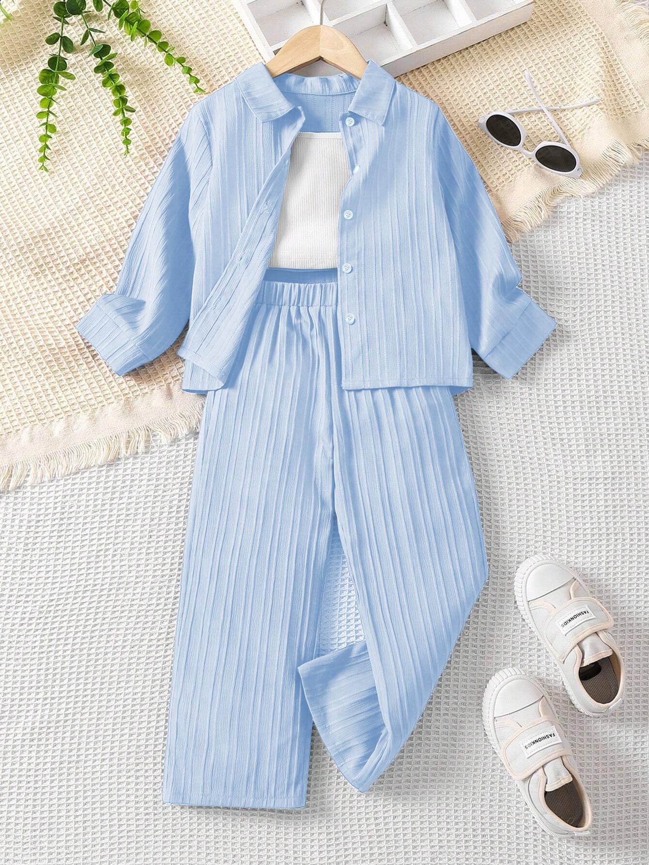 TAGAS Girls Polyester Solid Casual Simple Style Camisole Top, Long Sleeve Shirt And Straight Pants || COORDINATED_OUTFIT ||3 Pie