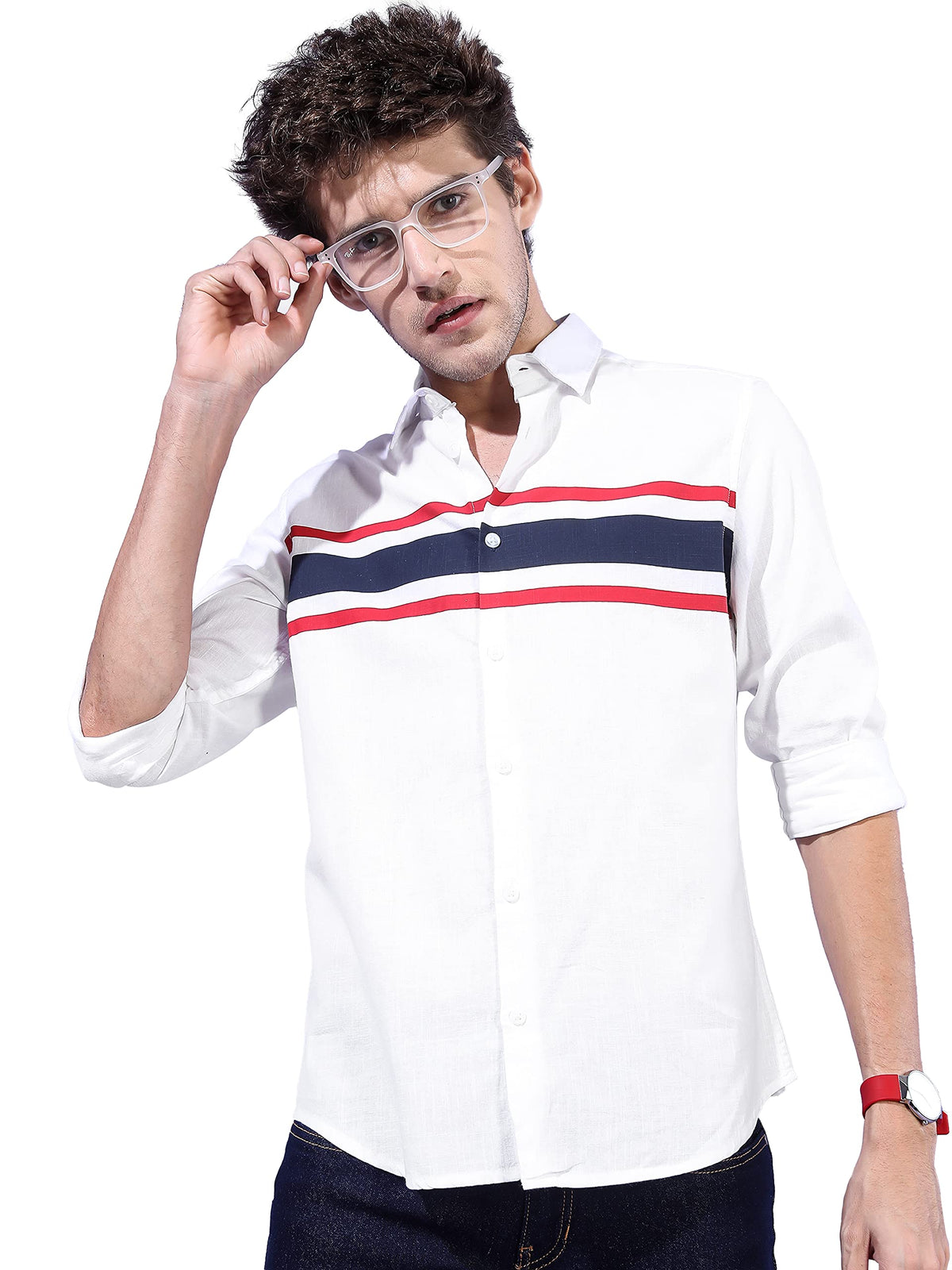 Ketch MenS Cotton Solid Slim Fit Shirt (Khsh000364_White/Red L)