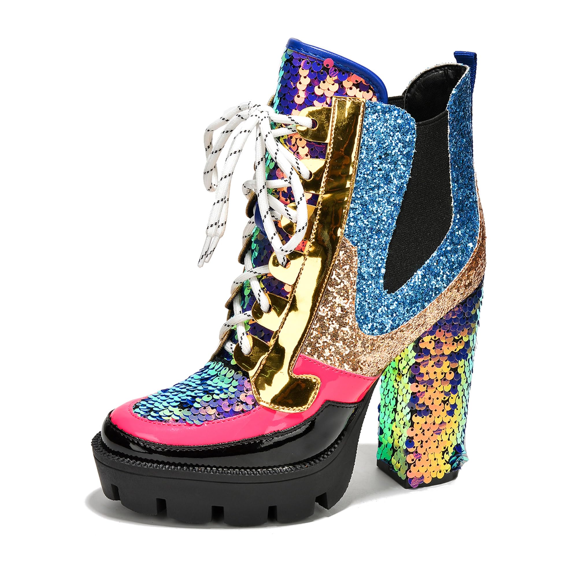 Cape Robbin Nell Gold Glitter Platform Chelsea Ankle Boots with Chunky Block Heels for Women Featuring a Sequined Tongue and Hee