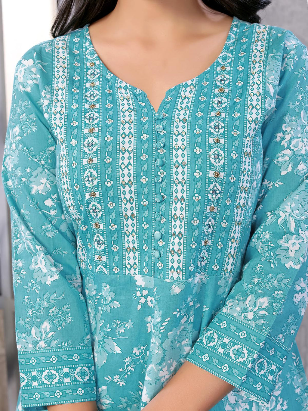 rangita Turquoise Cotton Calf Length Embroidered Anarkali Kurti