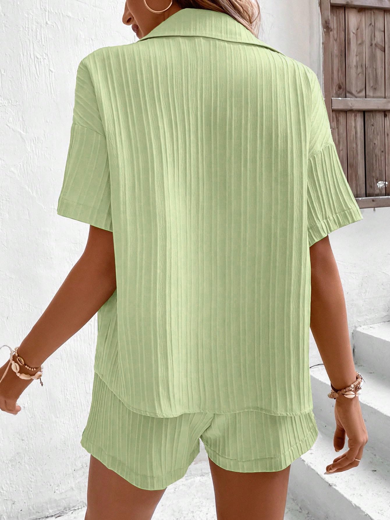 Shasmi Women & Girls Pista Solid Color Button Front Vacation Solid Texture Short Sleeve Loose Fit Drop Shoulder Pocket Shirt and