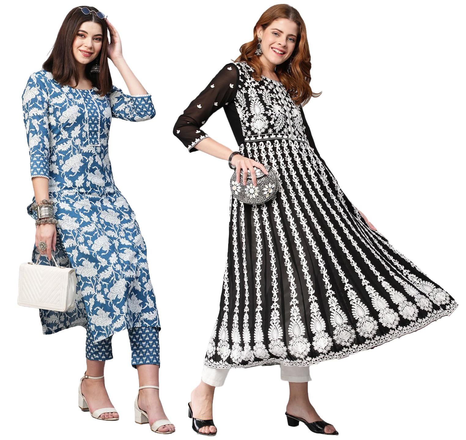 Gosriki Women'S Printed & Embroidered Kurti & Kurti Pant Set Combo Pack Of 2 (Pustak Blue & Kari Black-Gs_4Xl_Multi_Xxxx-Large)