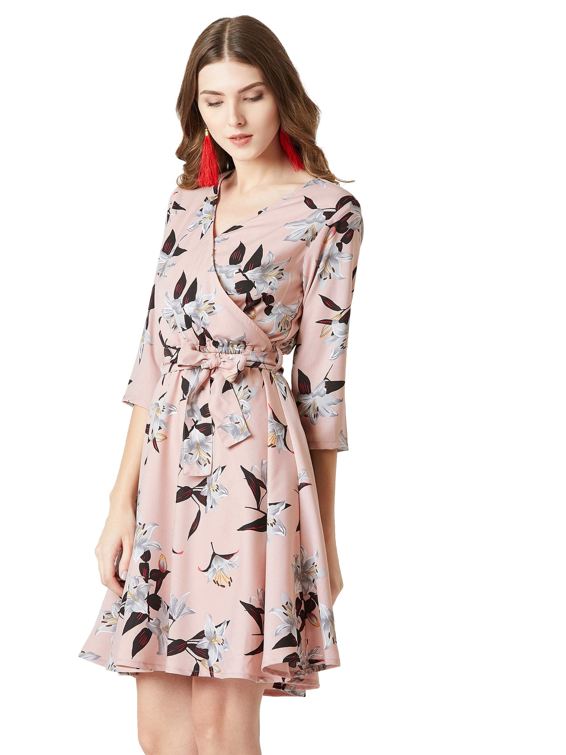 Miss Chase WomenS Pink Belted Floral Wrap Dress(Mcss19D12-85-177-06,Pink,X-Large)