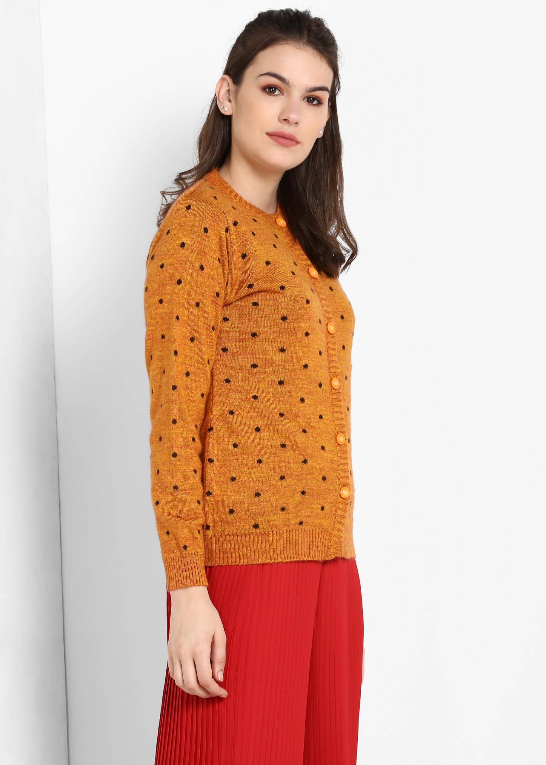 Modeve Polka Dot Round Neck Casual Women Mustard Sweater||Winterwear||